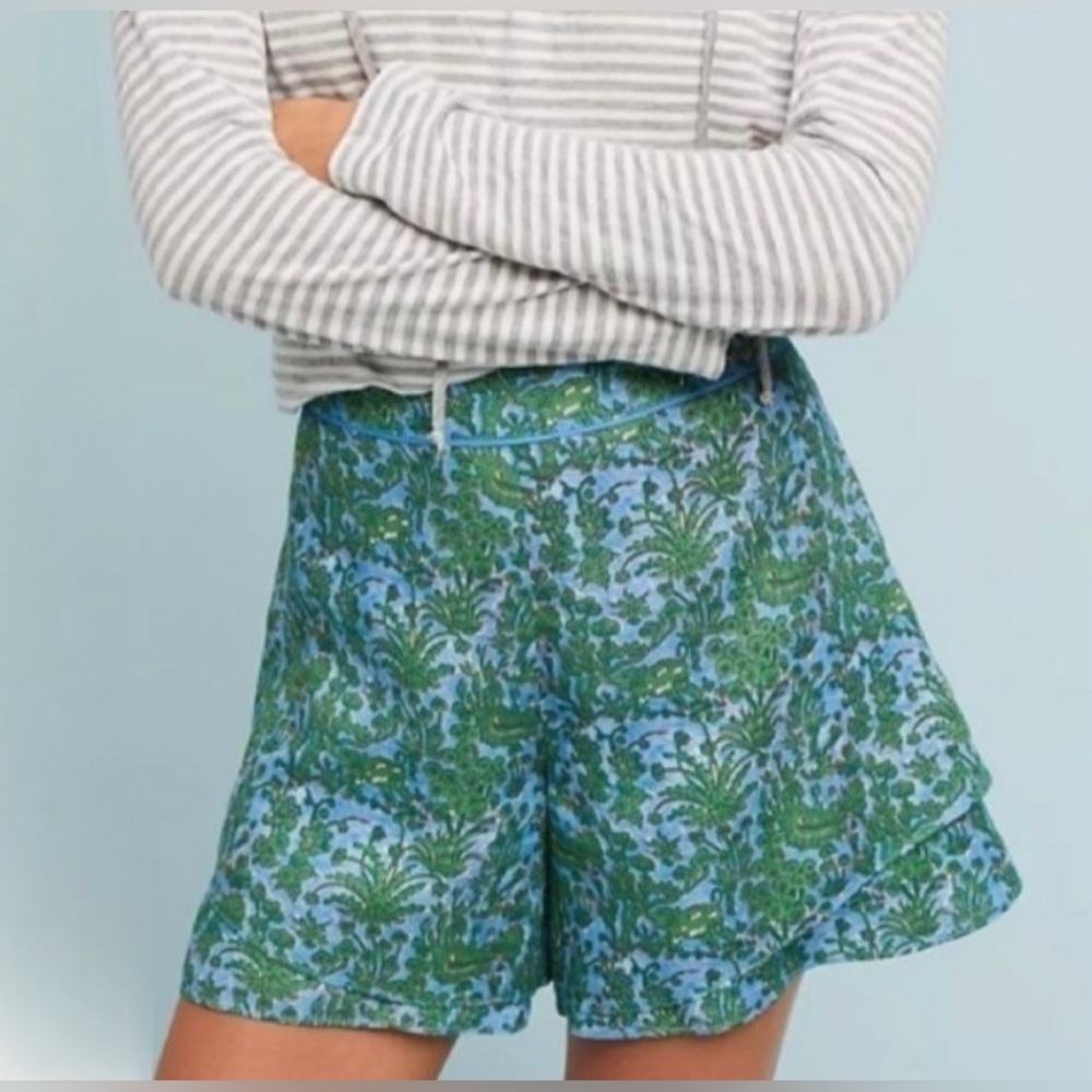 Anthropologie  Ett:Twa Simone Tiered Rayon/Linen Blend Shorts In Green Size M